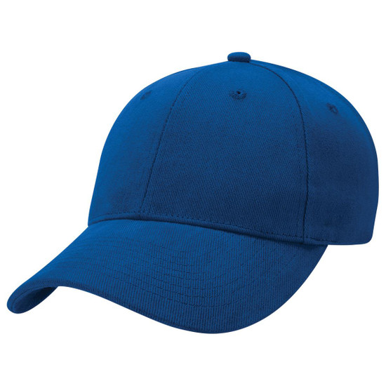 A heavy brushed cotton cap in a vibrant blue colour, featuring a curved peak and a logo.