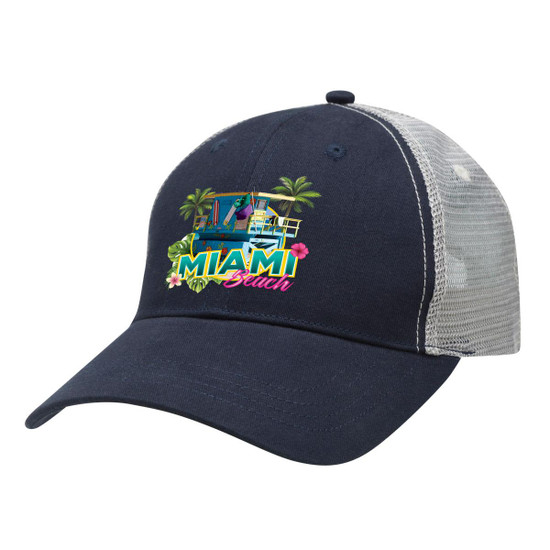 A blue and grey Lo-Pro Mesh Trucker Cap with a vibrant graphic featuring Miami Beach elements and palm trees.
