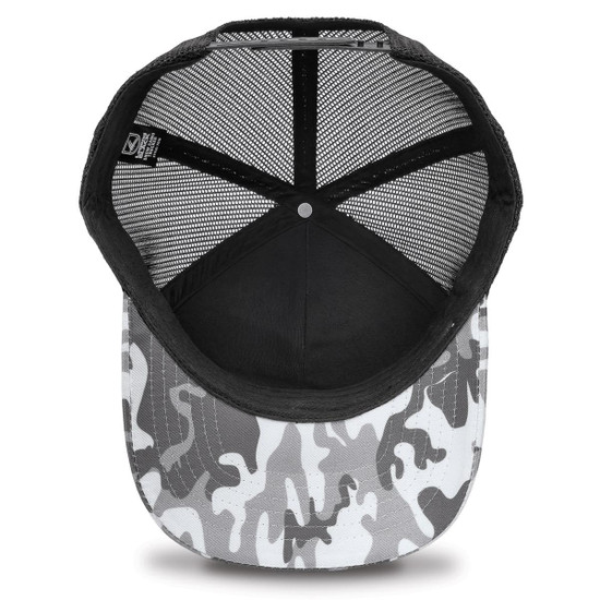 A black and white snow camo trucker cap with a mesh back and a solid black interior. It features a logo on the side.
