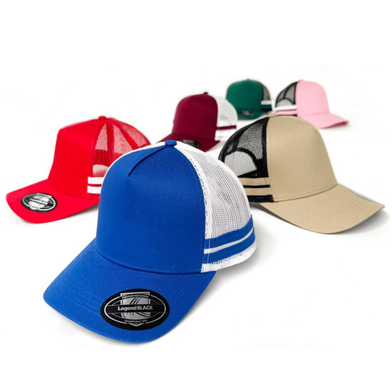 A collection of trucker caps in blue, red, pink, burgundy, and beige with mesh backs and a logo.