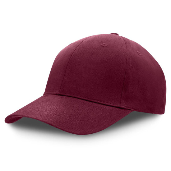 A maroon premium soft cotton cap with a curved brim and a logo. Suitable for casual wear.
