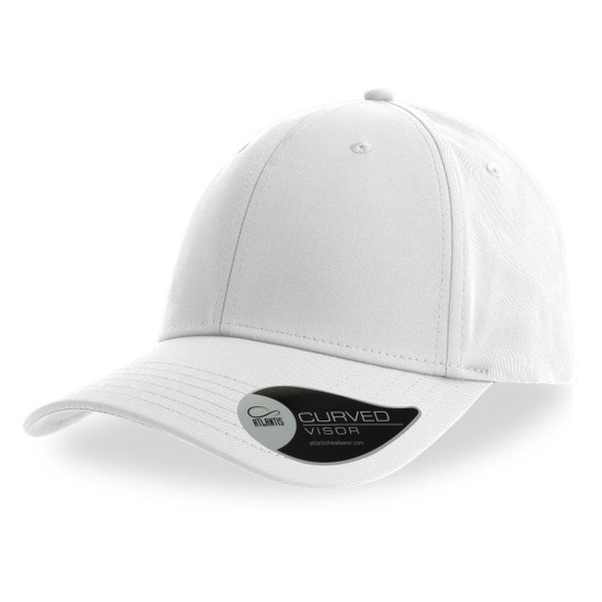 A white cap with a curved visor, featuring a brand logo on the side.