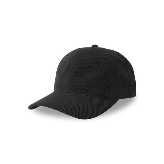 A black corduroy cap featuring a curved brim and a logo, suitable for casual wear.