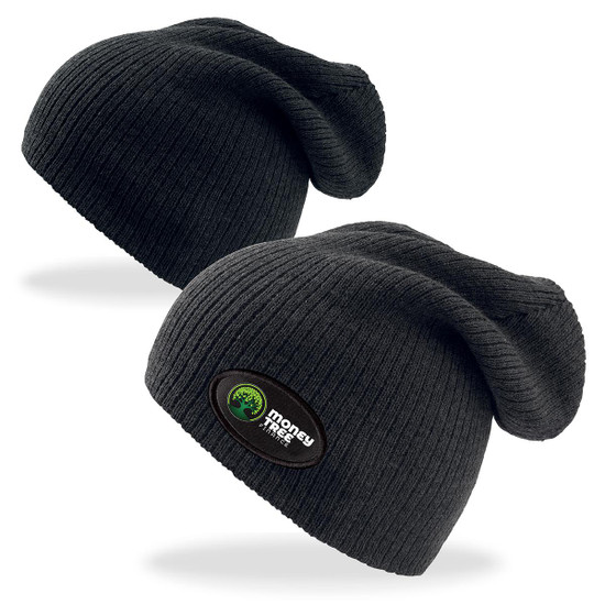 A pair of black ribbed beanies featuring a logo on the front.
