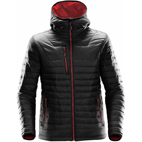 Men's Gravity Thermal Jacket in black with red accents, featuring a hood and multiple zippered pockets.
