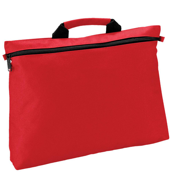 A red satchel bag with a black zip and handles, featuring a simple design and ample storage space.
