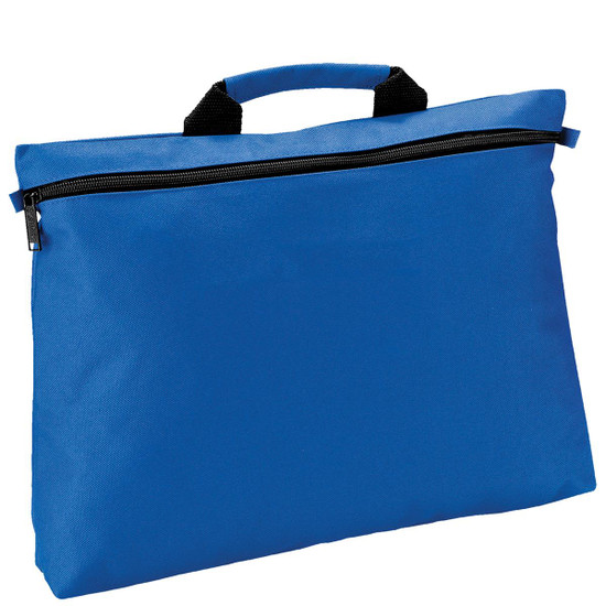 A blue satchel with a black zip and handles, featuring branding on the front.