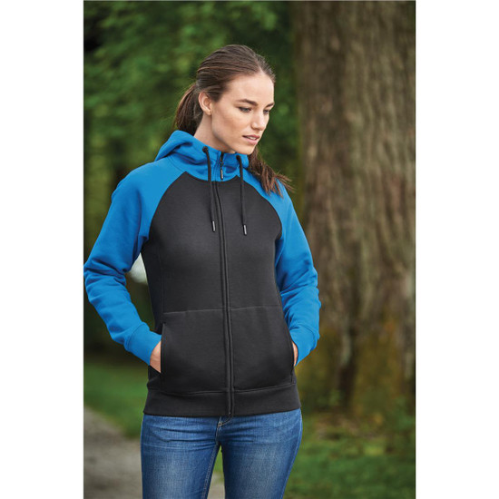A zip hoody featuring a black body and blue sleeves, designed with a hood and front pockets. It has a logo.