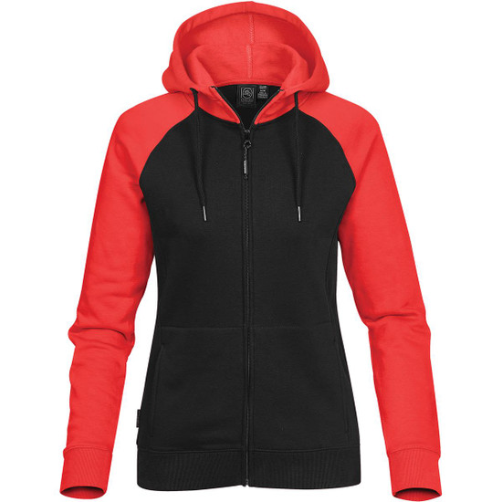 A women's zip hoody featuring black and red panels, with a front zipper and a hood. It includes a logo.