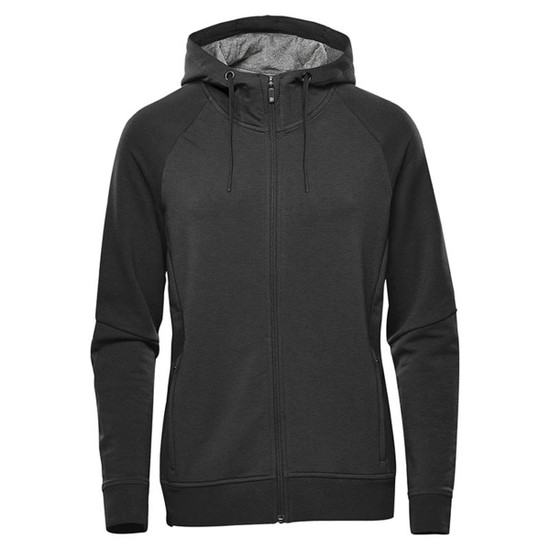 A black women's full zip hoodie with a hood and raglan sleeves, featuring a logo on the front.