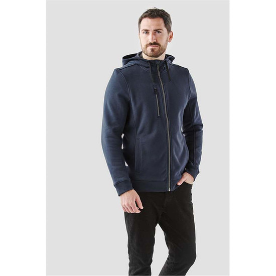Men's Dolomite Fleece Hoody in navy blue, featuring a zip front and a logo on the chest.