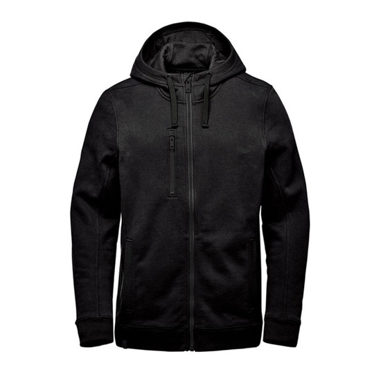 A black fleece hoody with a zip front, drawstring hood, and side pockets. It features a logo on the chest.