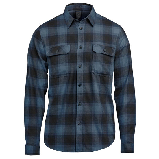 A button-up shirt in blue and black plaid with two chest pockets and a collar. Features a logo.