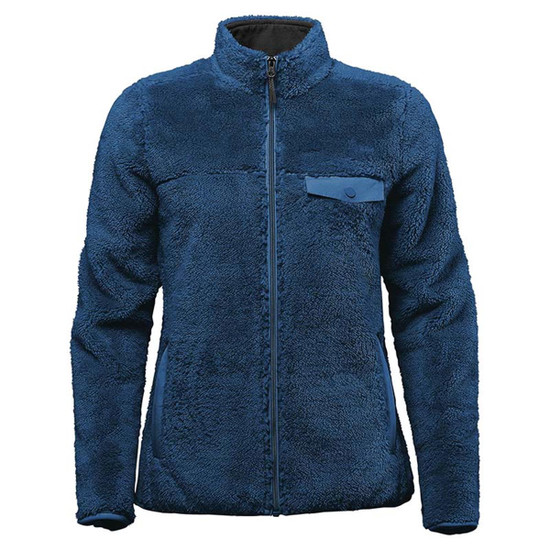 A women's Bergen sherpa fleece jacket in navy blue with a zip front and a pocket on the chest. Features a logo.