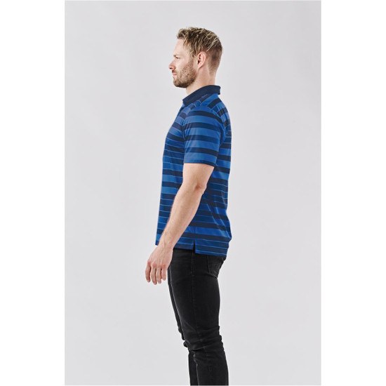 A side view of a men's polo shirt in blue with horizontal stripes. The shirt features a collar and has a logo on it.