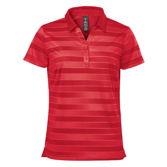 A red women's polo shirt with horizontal stripes and a collared neckline, featuring a logo on the label.