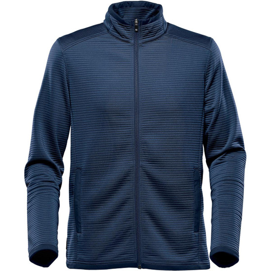 A men's Andorra jacket in navy blue with a textured pattern, featuring a full zip and side pockets.
