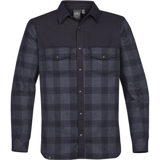 Men's Logan Thermal Shirt in black and grey check pattern, featuring long sleeves and two chest pockets. Includes a logo.