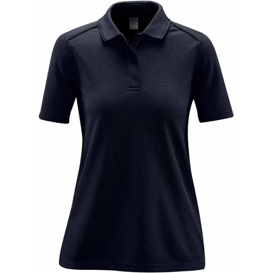 A navy blue women's polo shirt with a classic collar and short sleeves, featuring a logo.