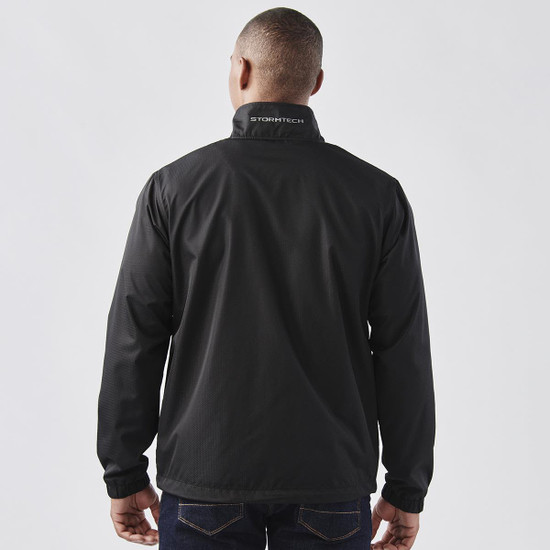 A black jacket with a high collar and branding on the back, featuring a simple and sleek design.