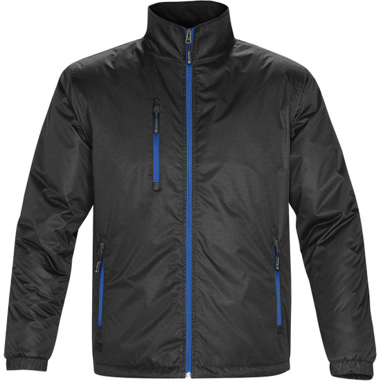 A black thermal jacket with blue zip details and three zippered pockets, featuring a high collar and a logo.