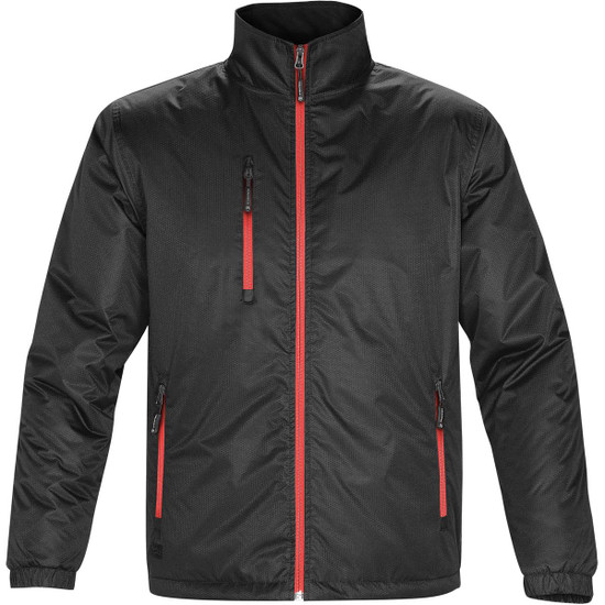 A black thermal jacket with a red zipper and accents, featuring zippered pockets and a collar. It has a logo.