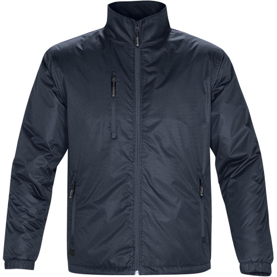 A dark navy thermal jacket with a high collar and zippered pockets, featuring a logo on the front.