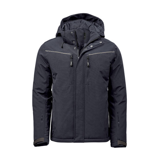 Men's Steelhead Thermal Jacket in black, featuring a hood and zippered pockets, with a logo on the sleeve.
