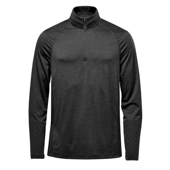 A black men's pullover featuring a 1/4 zip design and long sleeves, with a logo on the chest.
