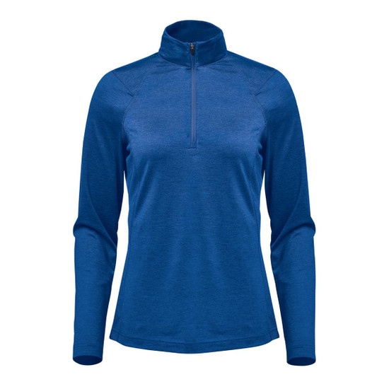 A blue women's pullover with a 1/4 zip and long sleeves. It features a collar and has a logo.