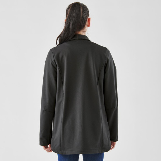 A women's black Soho jacket viewed from the back, featuring a simple design and tailored fit. It has a logo.
