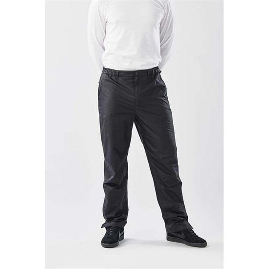 Men's Olympia Rain Pant in black, featuring an elastic waistband and a subtle logo. Designed for comfort and practicality.