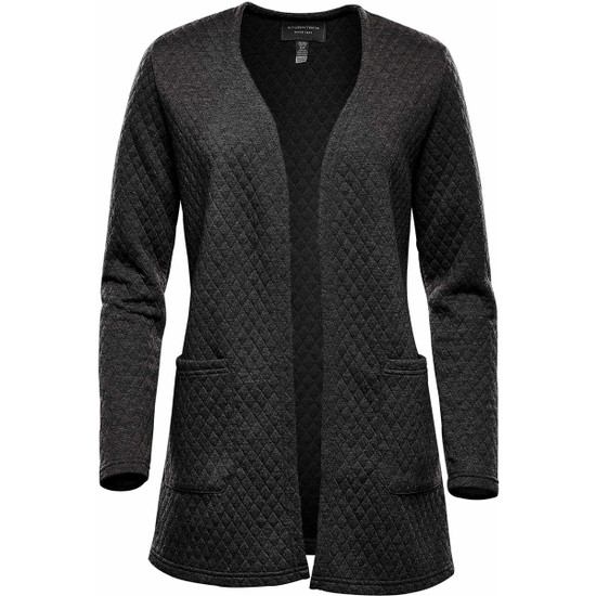 A Women's Chelsea Open Cardigan in a textured dark grey with pockets and a relaxed fit. Features a branding logo.