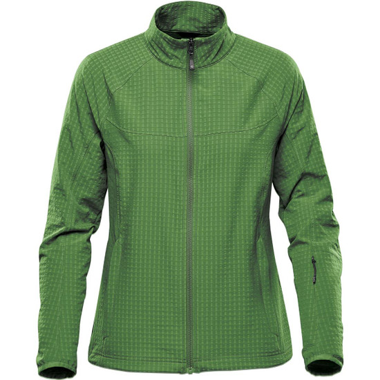 A green women's jacket with a half-zip front and a textured pattern, featuring a logo on the sleeve.