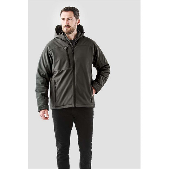 Men's softshell jacket in dark green, featuring a hood and a front pocket, with a logo on the chest.