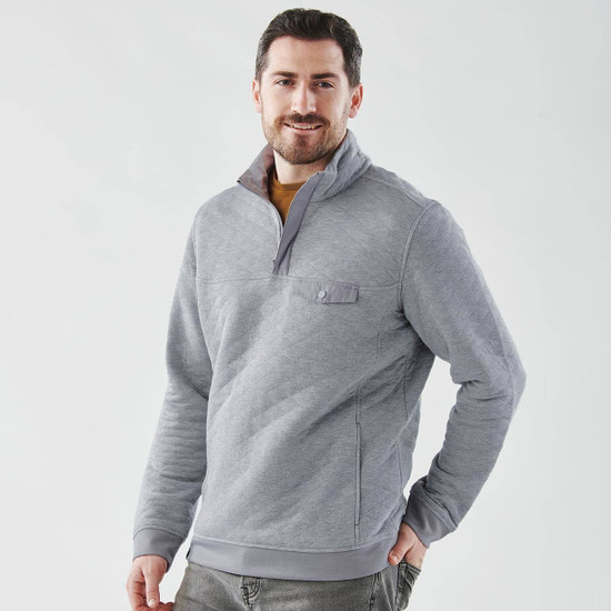 A grey thermal 1/4 zip pullover for men, featuring a pocket and a logo.