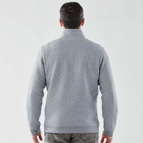 A grey men's thermal 1/4 zip pullover featuring a back view and a logo on the garment.