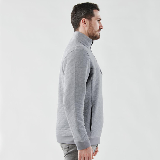 A grey men's thermal 1/4 zip pullover, featuring a simple design and a side view. It has a logo on it.
