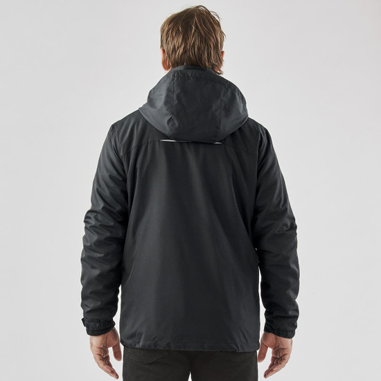 A black men's jacket with a hood, featuring a simple design and a logo on the back.