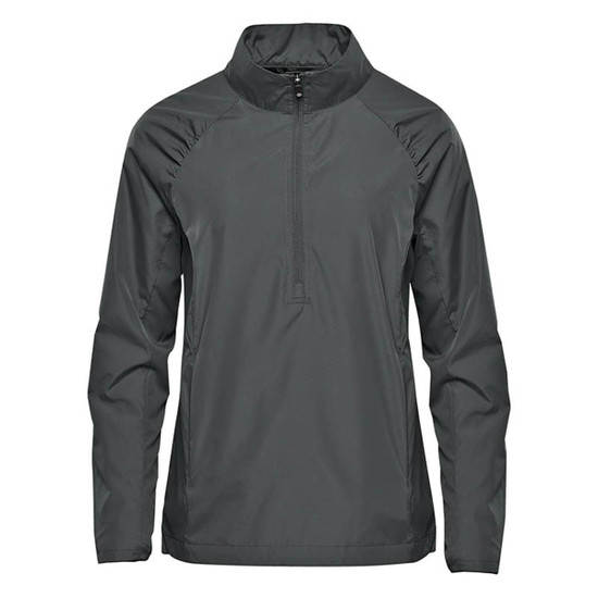 A women's rain jacket in dark grey featuring a 1/4 zip and a logo. Ideal for outdoor wear.