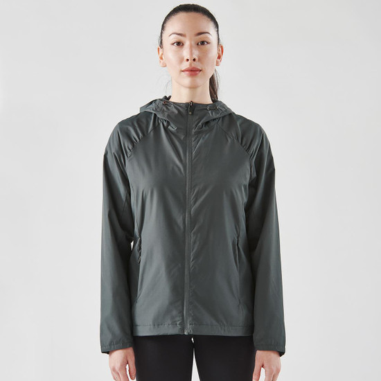 A dark grey women's wind jacket with a hood, featuring a front zipper and a minimalistic design.