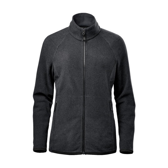 A women's full zip jacket in dark grey with a high collar and two side pockets. It features a logo.