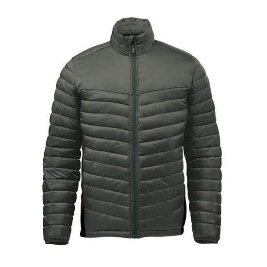 A Men's Montserrat Thermal Jacket in deep green features a short neck and zip closure, with a logo on it.
