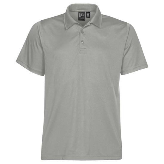 A light grey men's polo shirt with a classic collar, three buttons, and a logo on the label.
