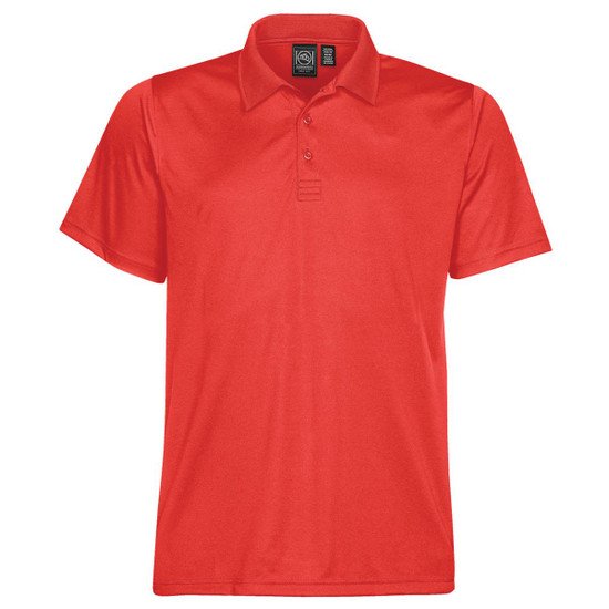 A red men's polo shirt with a classic collar and three-button placket. It features a logo on the label.