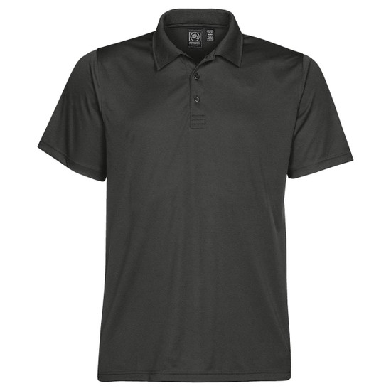 A black polo shirt with a classic collar, featuring a logo on the front. Suitable for casual or smart-casual wear.