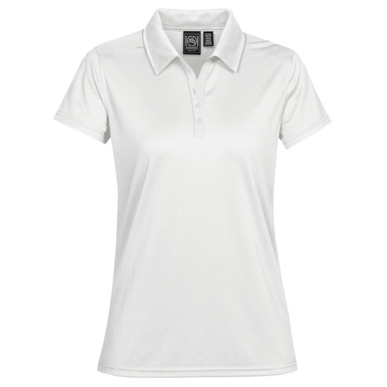 A white women's polo shirt featuring a classic collar and a logo on the chest.