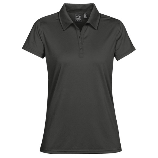 A women's polo shirt in dark grey with a collar and a logo on the label.