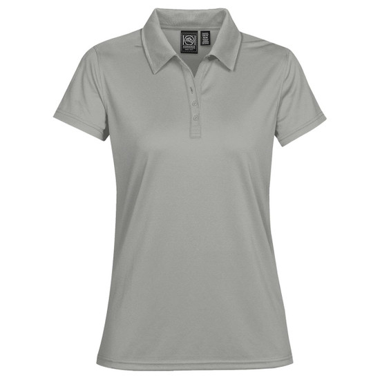 A light grey women's polo shirt with a collar and a logo on the label. Short sleeves and a fitted design.