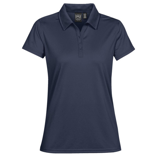 A navy blue women's polo shirt with a classic collar and a logo on the label.